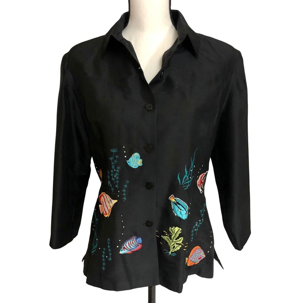 Silkland Black Silk Blouse Tropical Fish Embroidery 8 Modern Small Vintage‎ 90s